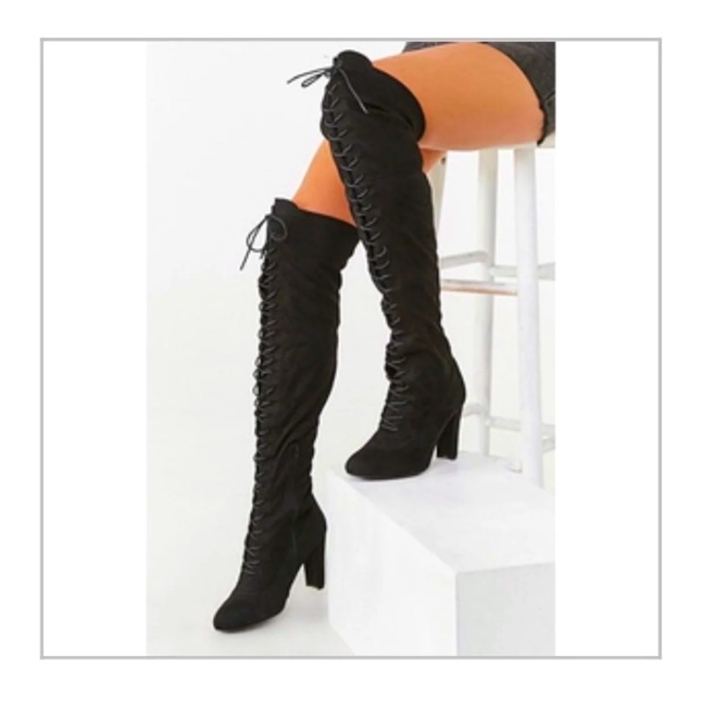 Black lace up thigh high boots